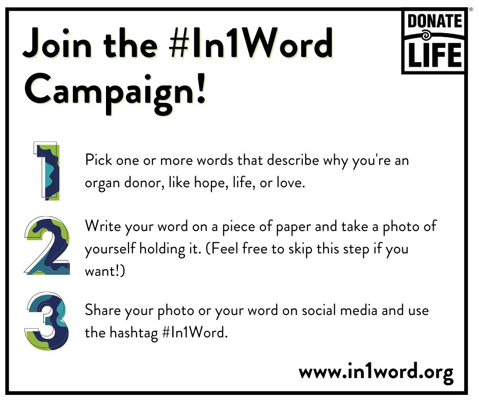 TheLLF's tweet photo. With one word, "Yes," you can save up to 8 lives and enhance 75+ lives as an organ, eye, and tissue donor. Join our #In1Word campaign and share why you're a donor today! https://t.co/9eolbH4nZM #DonateLife #DonateLifeMonth #NDLM https://t.co/J30epqfuAL