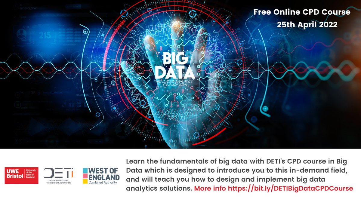 DETI Skills will be delivering an online Digital Skills CPD course on #BigData, 25th April. The course is free to attend, targeted to Technicians, Engineers, Operators, anyone interested in upskilling/ reskilling knowledge in the subject area. bit.ly/DETIBigDataCPD…