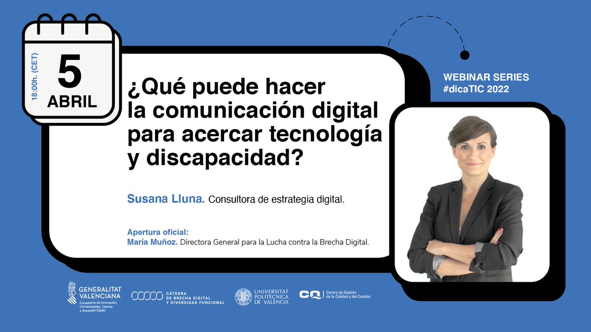 dicaticUPV's tweet photo. ⏰MAÑANA, 5 ABRIL, 18H⏰Webinar '¿Qué puede hacer la comunicación digital para acercar tecnología y discapacidad?', con la experta @susanalluna ⏰¡¡Últimas horas para inscribirte!!
Registro en: https://t.co/ujdGh3qRCc
‼️(Si tienes problemas al acceder, escribe a info@dicatic.com) https://t.co/6S1Xh0ViKM