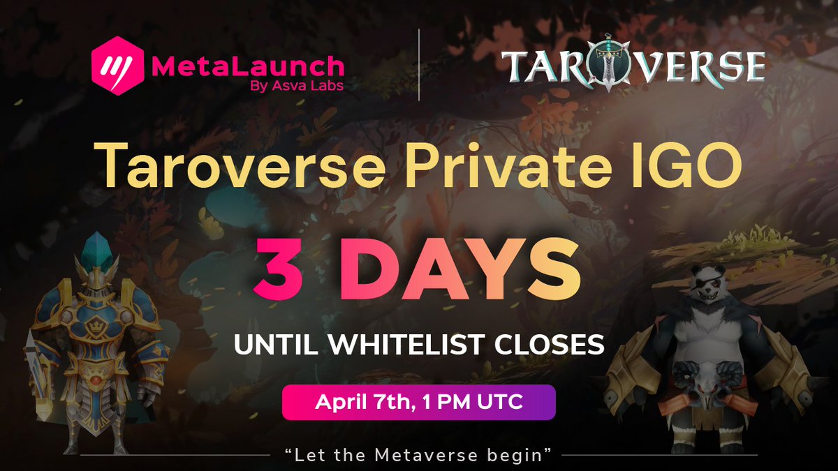 SuperPortalai's tweet photo. Time is Flying! Riders!⏳

✅KYC &amp; Whitelisting registration  for @TAROVERSEcom Private IGO on @Metalaunch_io closes in 3⃣ days!

👉Get in Fast: https://t.co/MzHvMjuhcQ

ℹ️ How to participate in $TARO  IGO on MetaLaunch:
https://t.co/CyzsmbM9Q5 https://t.co/aDy8jPzSqL