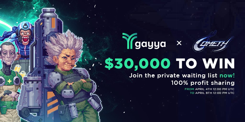 ☄️ 100 SLOTS TO WIN FOR THE PRIVATE WAITING LIST OF #ComethBattle
🎉 $30,000 POOL PRIZE / 100% PROFIT SHARING !

To enter :
1️⃣ Follow <a href="/gayya_io/">Gayya Guild</a> and @MUSTCometh 
2️⃣ Like, RT and Tag 3 friends 
3️⃣ Join discord : discord.gg/SHA9w3uJUZ

#P2EGame #PlayToEarn #GiveawayAlert #GameFi