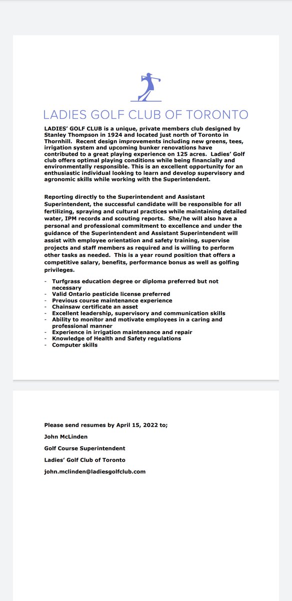 We are looking for a 2nd Assistant Superintendent.  <a href="/Afrend84/">Amanda F</a> <a href="/LGCToronto/">Ladies' Golf Toronto</a> <a href="/OntarioGSA/">OGSA</a> <a href="/CGSAEducation/">Kathryn Wood</a> <a href="/JohnMclinden1/">John Mclinden</a> <a href="/TurfMgmtWomen/">Women in Turfgrass Management</a> <a href="/UoGTurfClub/">UoGuelph Turf Club</a> <a href="/GuelphTurf/">Guelph Turfgrass Institute</a>