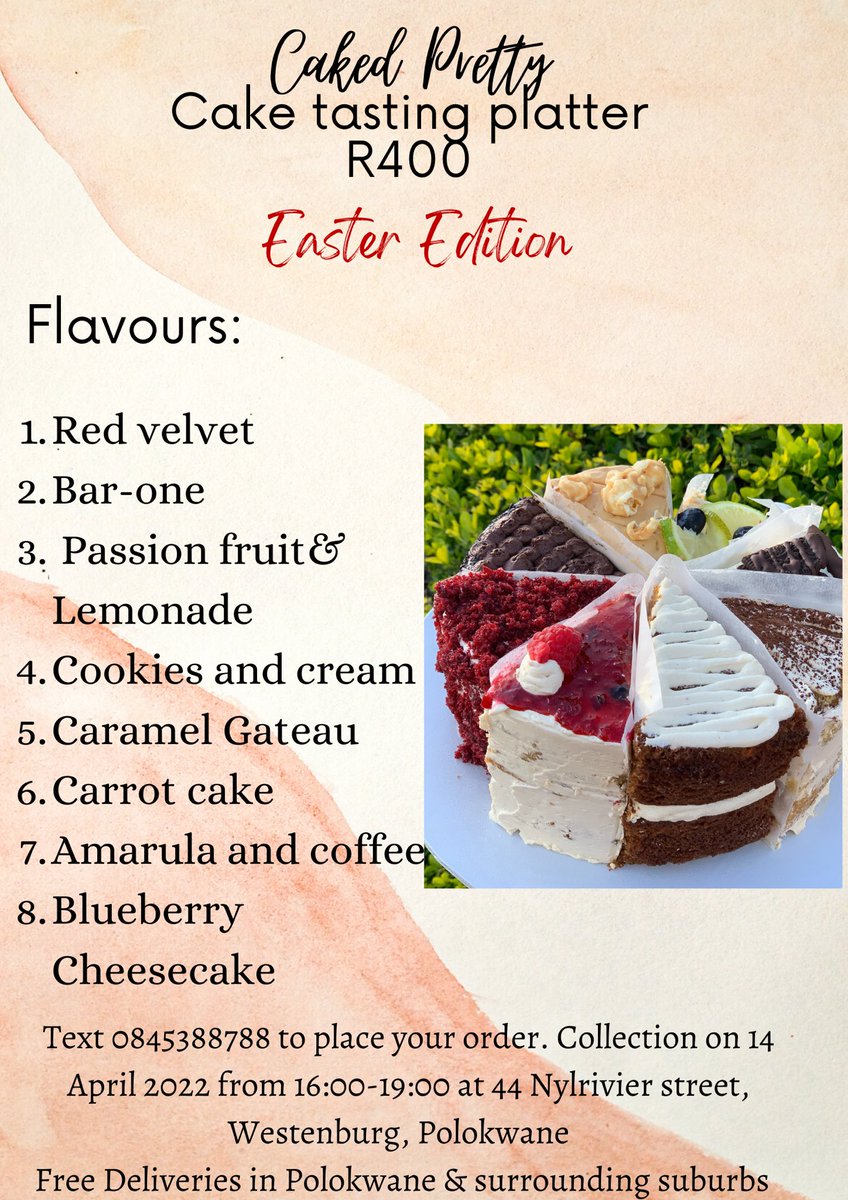 MohauMarolen's tweet photo. If you reside in Polokwane or youโll be going there this Easter, hereโs a little something to share with your loved ones.
Free delivery in Polokwane CBD and surrounding suburbs.
#Polokwane #GirlTalkZA #PLKtwitter https://t.co/O8ljxScQKH