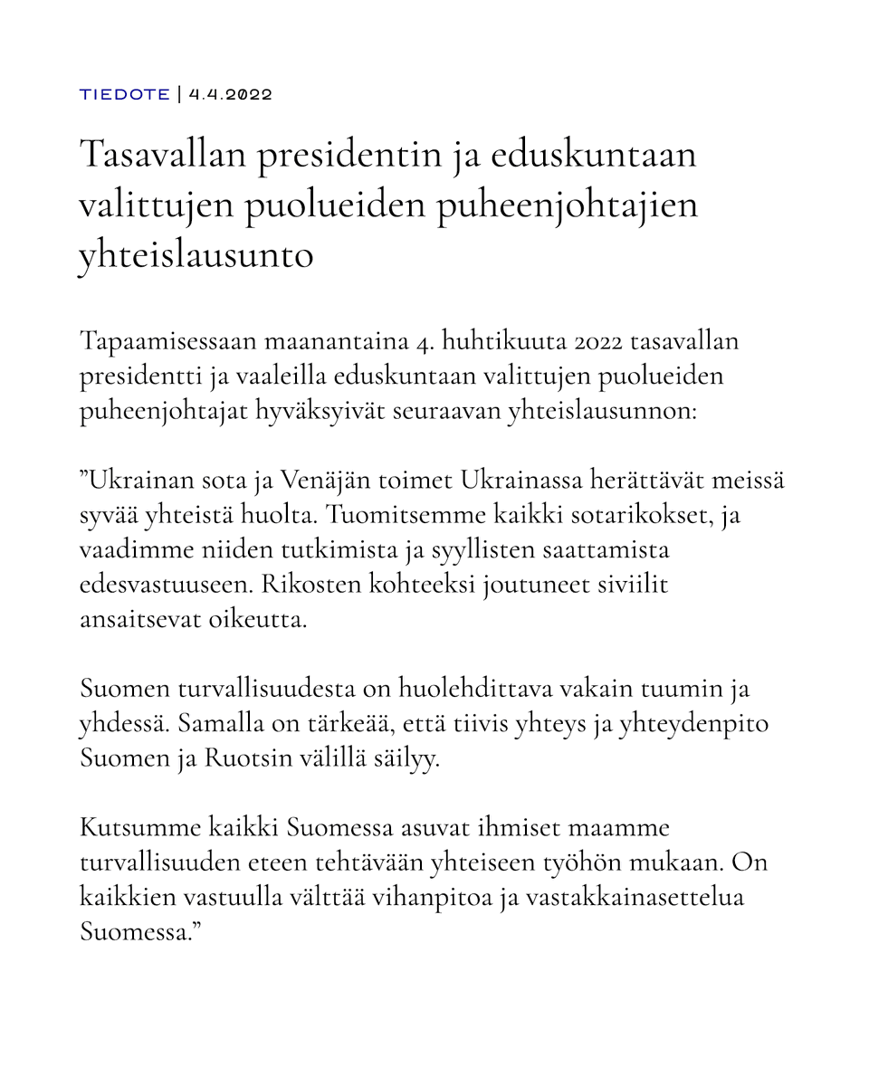 TPKanslia's tweet photo. Tasavallan presidentin ja eduskuntaan valittujen puolueiden puheenjohtajien yhteislausunto 4. huhtikuuta 2022
https://t.co/4kf9CvREQr https://t.co/5a4Licne2K