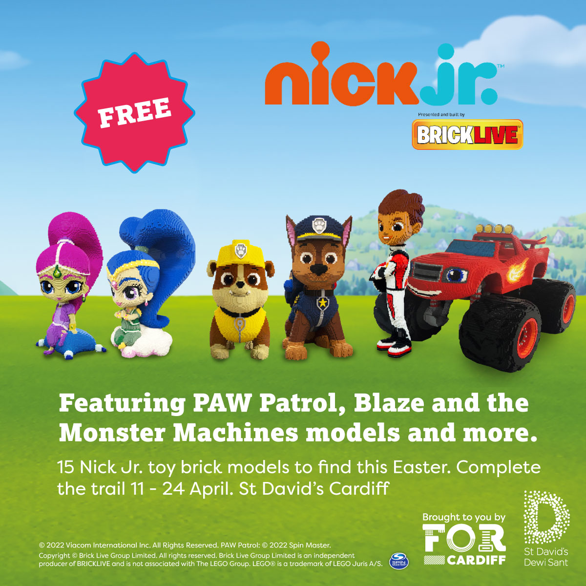 StDavidsCardiff's tweet photo. Starting next Monday, FOR Cardiff are bringing Wales’ first toy brick model trail of your favourite Nick Jr characters, inc Paw Patrol to St David's!
Presented by BRICKLIVE, enjoy a free, fun-filled day out from 11-25 April.
More here 👉 https://t.co/AuAWxGRFTQ
#NickJrCardiff https://t.co/C4BT79obBT
