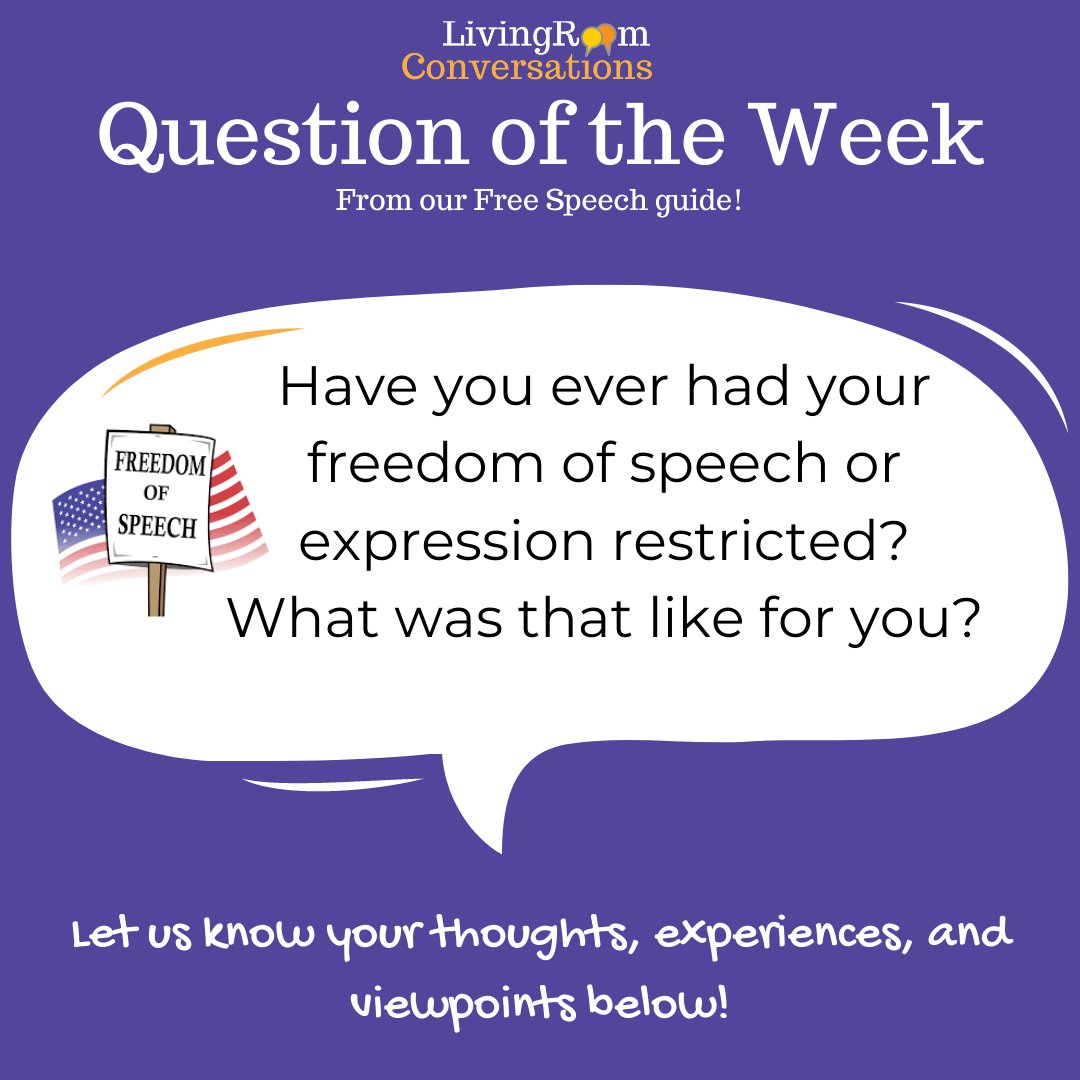 LivingRoomConvo's tweet photo. QOTW: Have you ever had your freedom of speech or expression restricted? What was that like for you? Feel free to DM us with your response or comment down below! #jointheconvo #morecurious #education #speech #freespeech #freedom #mentalhealth #questions #question #equality https://t.co/pwUpHYHaWs
