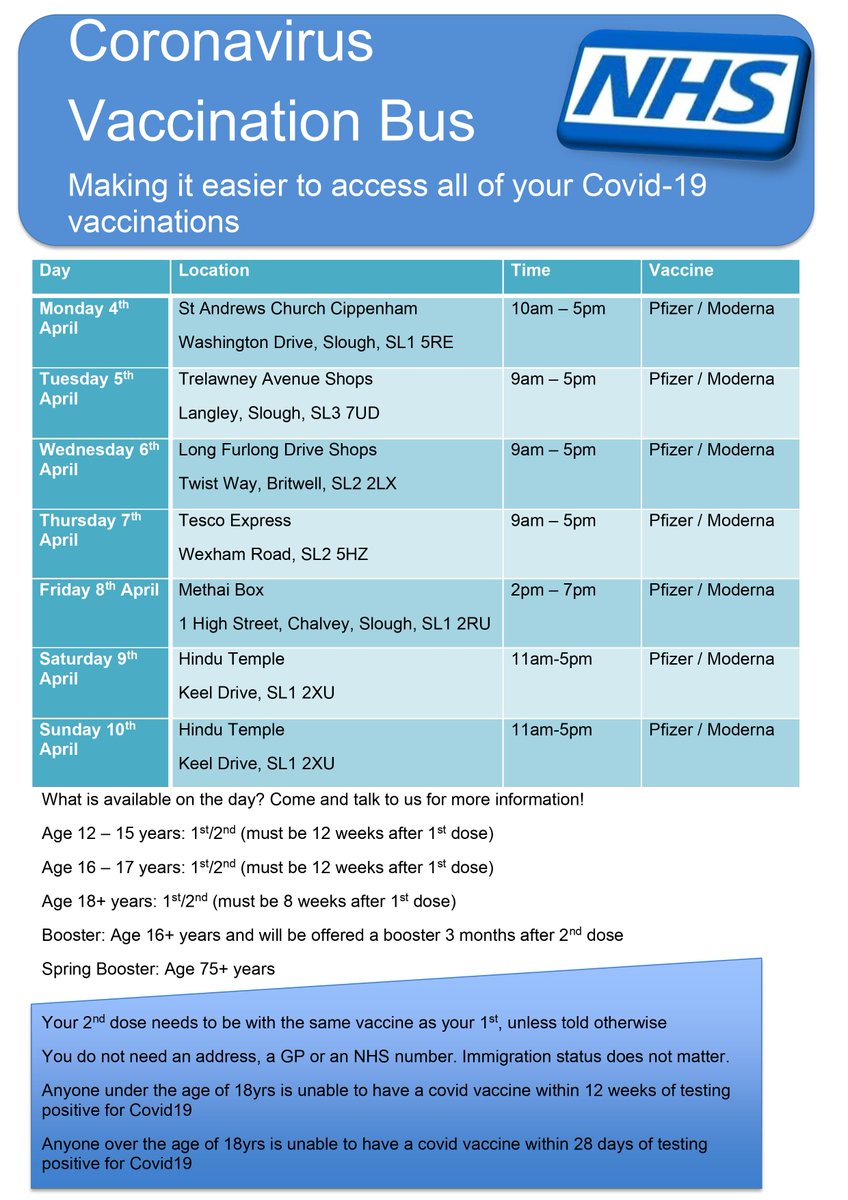 sloughcvs's tweet photo. Here's the Vaccination Bus timetable across Slough for this week. 

For Pfizer/Moderna 1st, 2nd and booster jabs.👇
#onesloughwellbeing https://t.co/lzsid2sdWI