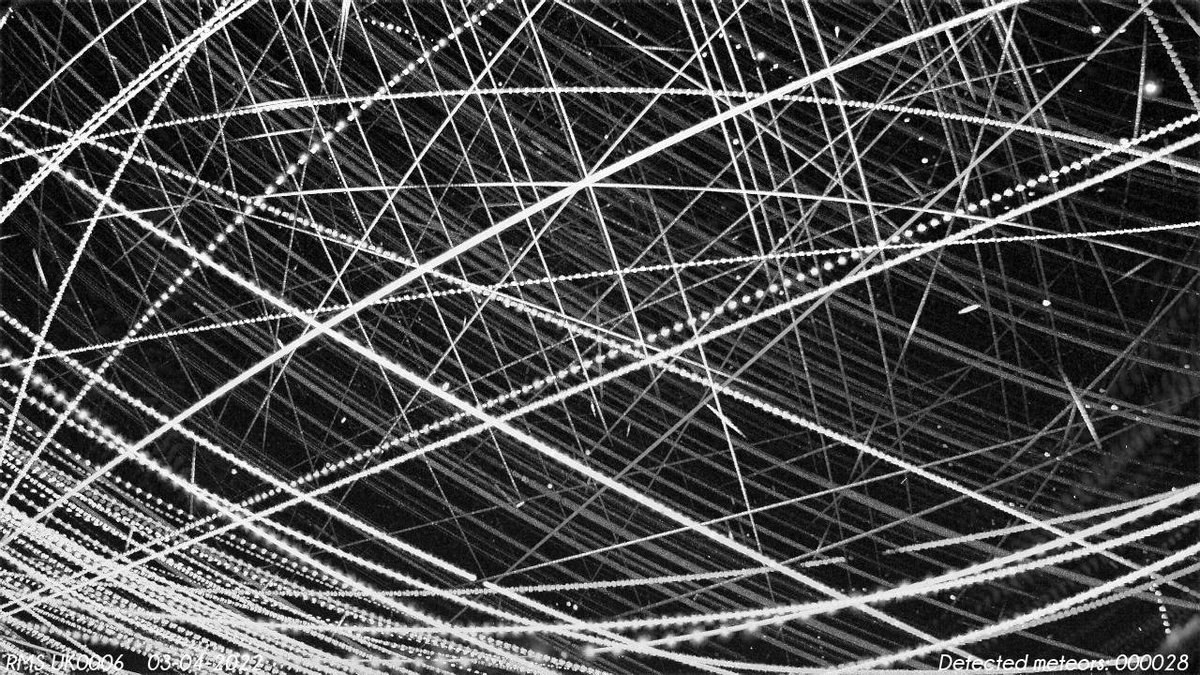 Spicey_Spiney's tweet photo. Overnight on 2nd3rd April 2022 our SW facing #RaspberryPi #meteorcamera UK0006 based in North Oxfordshire had one of the worst nights we've ever seen for #satellitetrails. Dotted lines = aircraft, curved lines = #startrails + there are about 25 meteors. Just horrendous :( https://t.co/ZLZNK4xgq2