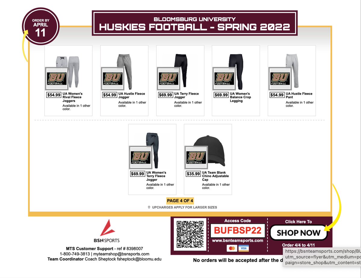Looking for Bloomsburg Football gear? Our Spring gear sale is here!
All Products will be produced and shipped directly to you! Thank you for supporting our athletes!

Link:
bsnteamsports.com/shop/BUFBSP22
Link is also in Bio.