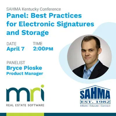 mrisoftware's tweet photo. Attending the @SAHMAorg Affordable Housing Conference in Kentucky this week? Learn best practices for electronic signatures and storage in this session featuring MRI's Bryce Pioske.
See you in Louisville! https://t.co/QdBNIj5QZi #affordablehousing #SAHMA https://t.co/Df5gWh4fMW