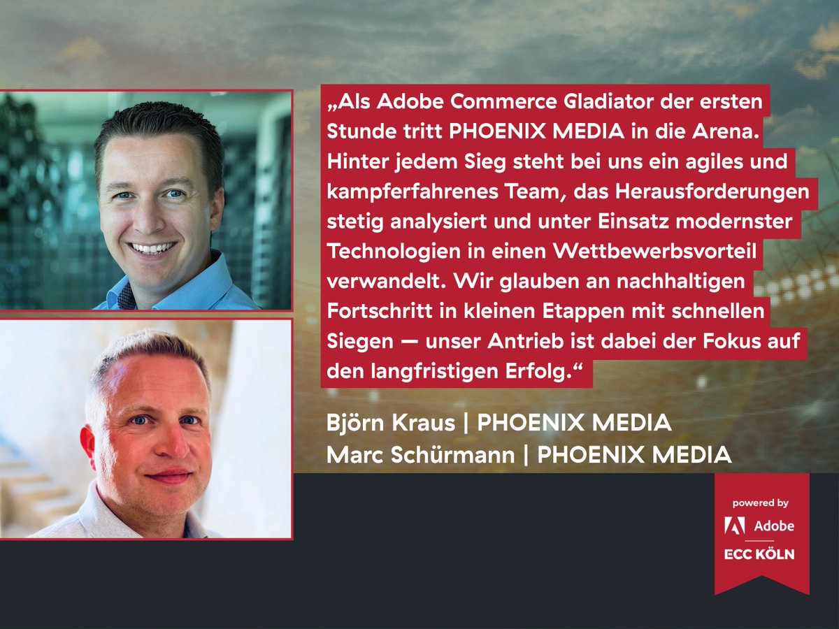 ECCKoeln's tweet photo. Björn Kraus und Marc Schürmann steigen für @phoenixmedia_eu in den Ring der #Arena4Commerce am 4. Mai 2022! 💪 Gemeinsam mit @AdobeDACH laden wir zu unserem #B2B-Pitchevent auf dem diesjährigen #ECCFORUM ein 👉 https://t.co/aaBTeRHt3x https://t.co/mSm2ug68t1