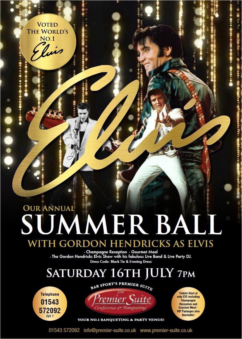 ThePremierSuite's tweet photo. Elvis is Alive!
The Worlds No.1 Elvis tribute Gordon Hendricks &amp; his amazing Band are back @ThePremierSuite by popular demand for our annual Summer Ball on Saturday 16th July 

T: 01543 572092 Opt1
#Elvis #ElvisLives #GordonHendricks #ThePremierSuite #Staffordshire https://t.co/11iIgBpdmV