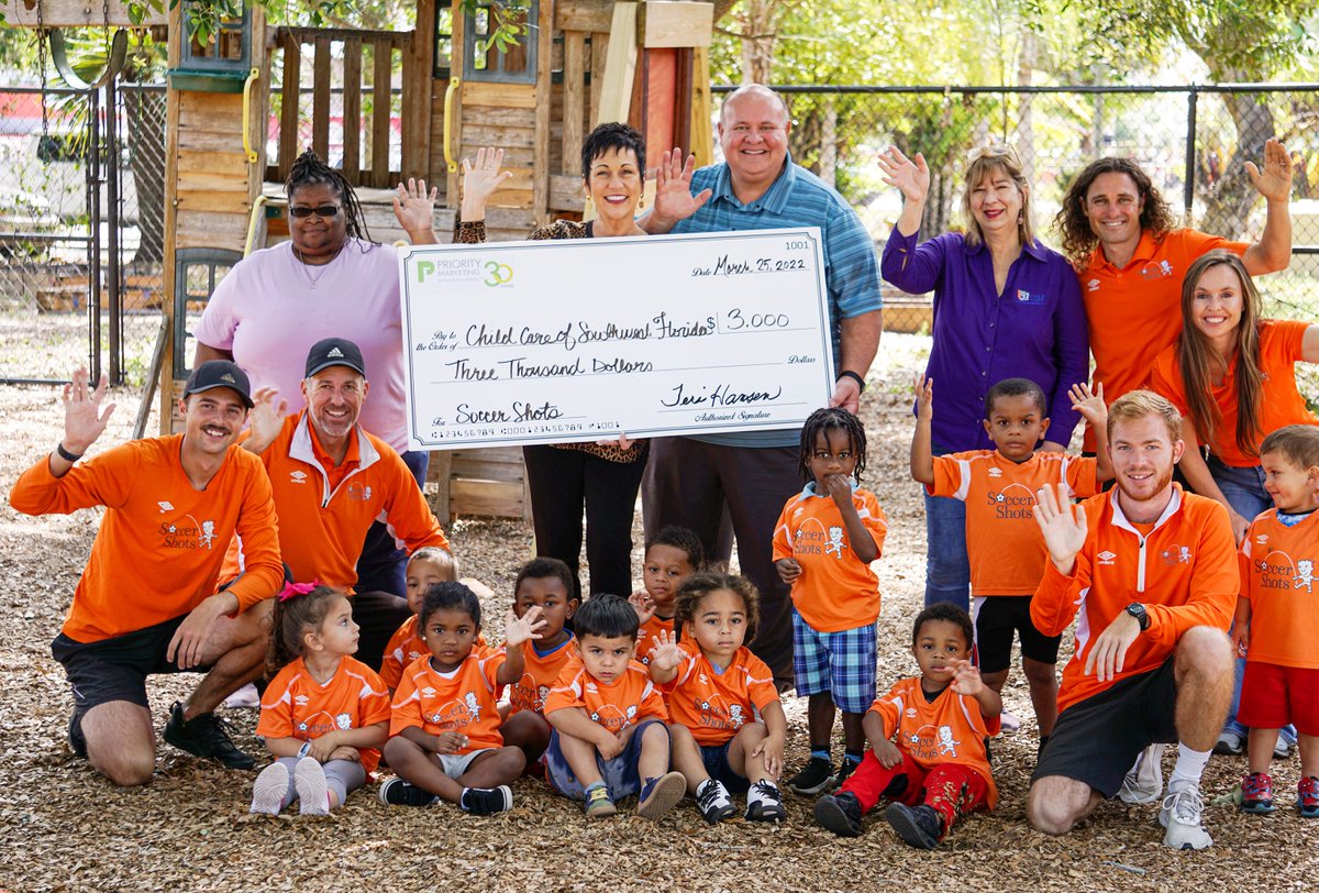 prioritymktg's tweet photo. As we continue our 30 #ActsofLight in honor of our 30th anniversary, #PriorityMarketing recently presented a $3,000 check to Soccer Shots Southwest Florida to sponsor 30 children for a 10-week soccer and character development program. https://t.co/TqaIyyl1B6 https://t.co/qXhOXRjBS4