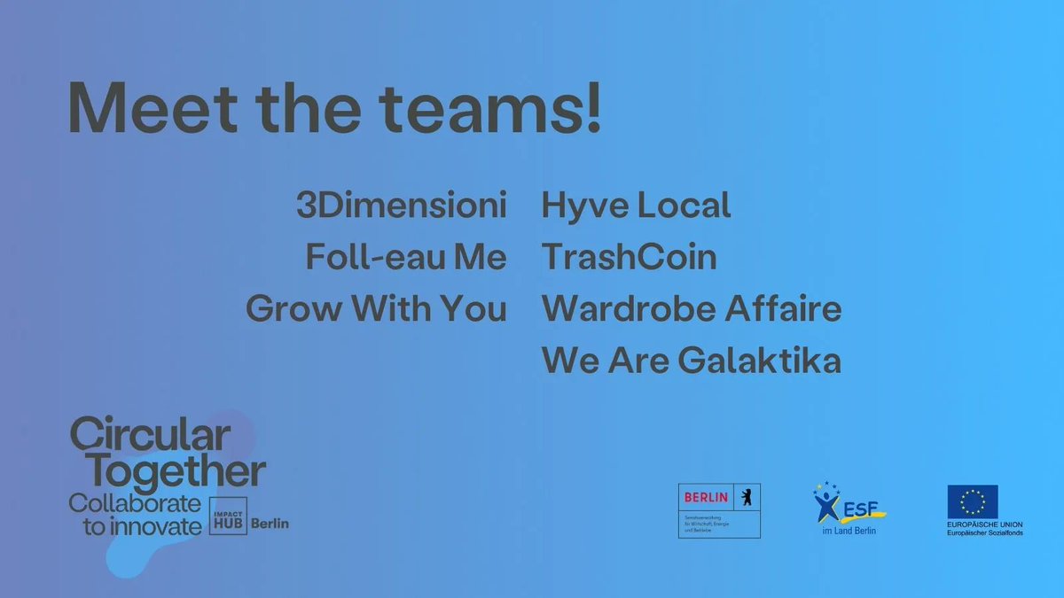 ImpactHubBLN's tweet photo. 📢 Meet the new #CircularTogether teams: the next cohort of Berlin's #CircularEconomy 🔁 innovators:
🔷 3Dimensioni
🔷 Foll-eau Me
🔷 Grow With You
🔷 Hyve Local
🔷 TrashCoin
🔷 Wardrobe Affaire
🔷 We Are Galaktika
More info on our website ➡️ https://t.co/E1wZZTve0w https://t.co/yL44FDZbGy