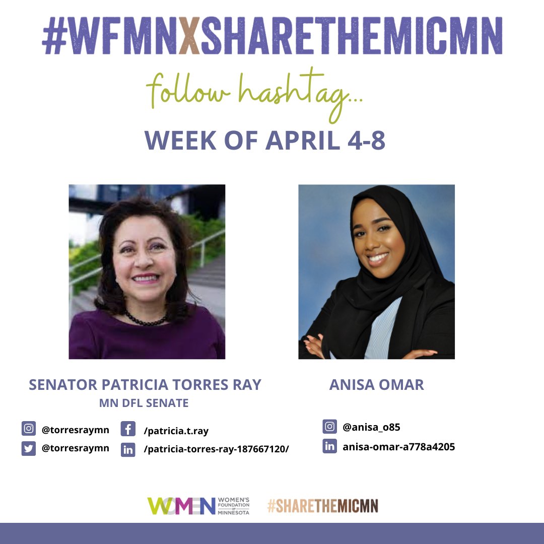 GOOD MORNING! This week <a href="/WomensFndnMN/">Women's Foundation of Minnesota</a>'s Young Women's Initiative Cabinet mem, Anisa Omar is sharing  Senator <a href="/TorresRayMN/">Patricia Torres Ray</a>'s mic across all the Senator's social channels! Anisa is on a quest to gain a seat at the table to advocate for more equitable policies. #WFMNXSHARETHEMICMN