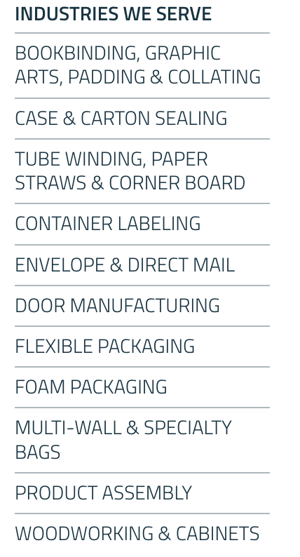HARAdhesives's tweet photo. A quick list of just some of the industries we serve!
#adhesives #adhesivetechnology #foampackaging #packaging #directmail #doormanufacturing #labeling #paperstraws https://t.co/6xoKKGfBHP