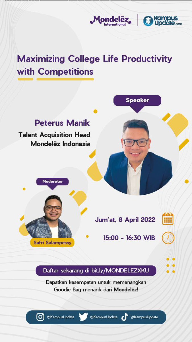 KampusUpdate's tweet photo. Mau banget jadi mahasiswa produktif?

Ikutan acara webinar Kampus Update bersama Mondelēz Indonesia dengan topik Maximizing College Life Productivity with Competitions.

Daftar sekarang di https://t.co/91IB3gtCJo

#KUXMondelēz
#KULive
#MondelēzIndonesia https://t.co/f3BudGqkJu