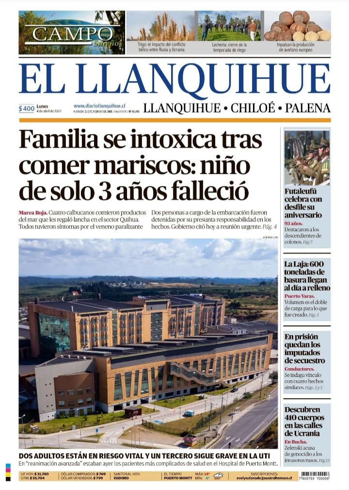 seremisalud10's tweet photo. [Prensa]🗞️ "Un muerto y dos personas en riesgo vital deja intoxicación por mariscos" informa #DiarioLlanquihue en su edición lunes. 
🚨 Hacemos llamado a consumir mariscos en lugares autorizados y solicitar certificado análisis por Seremi Salud garantiza mariscos sin #marearoja https://t.co/mIp5RTvSsB
