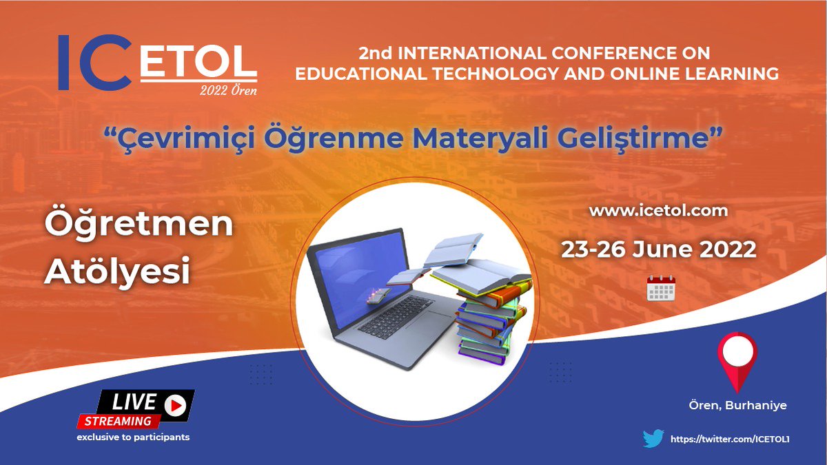 📣Öğretmenlere Yönelik Atölye Çalışması 👩‍🏫👨‍🏫
"Öğretmen Atölyesi: Çevrimiçi Öğrenme Materyali Geliştirme"
Atölyeye çevrimiçi/yüz yüze katılım sağlanabilir.
🖊️Bilgi için: icetol.com/?page_id=1015
#ICETOL22