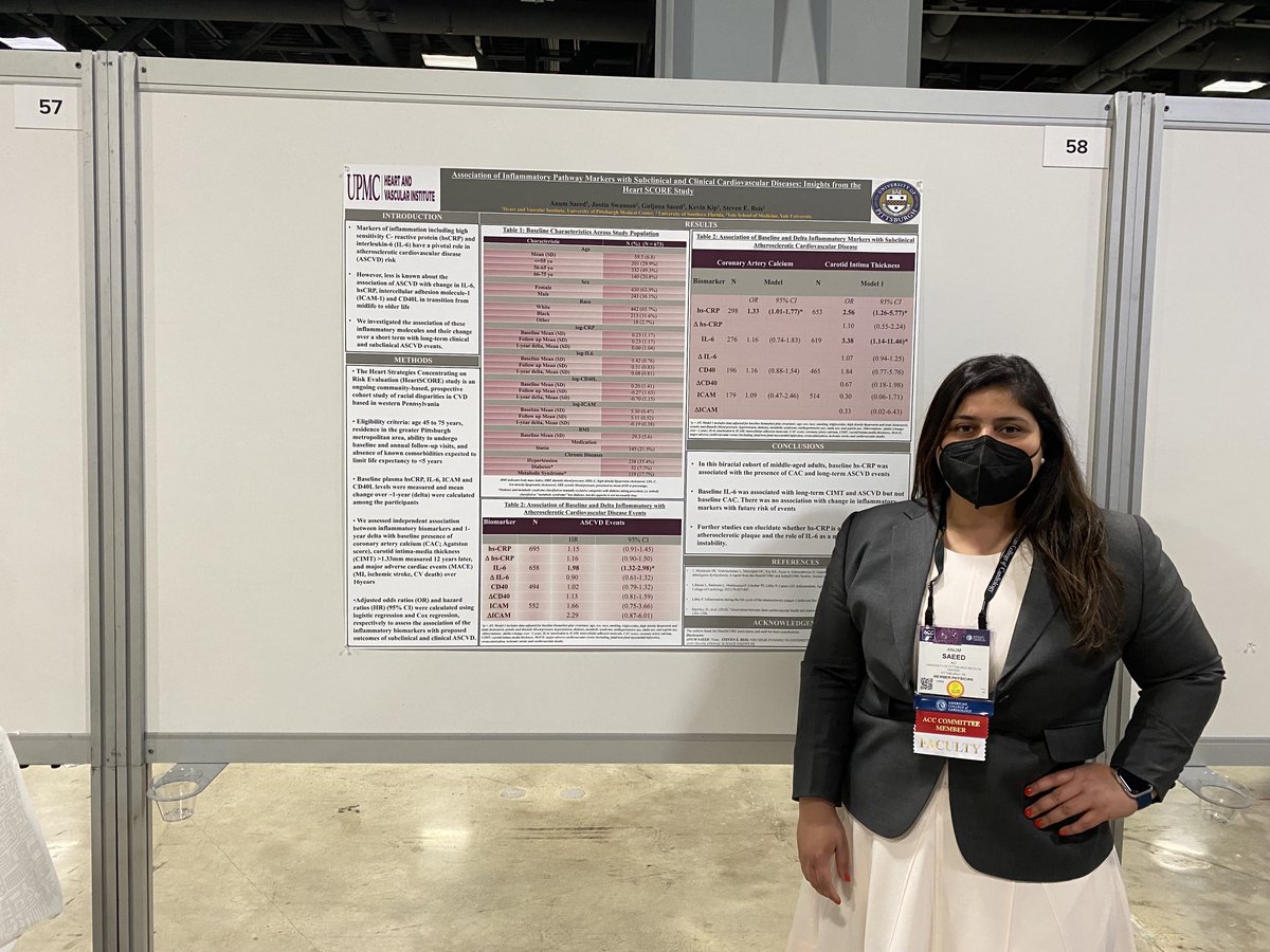 HviUpmc's tweet photo. Association of baseline and change in inflammatory markers with sub clinical and clinical #cardiovascular #disease: #heartscore study presented by ⁦@PittCardiology⁩ faculty ⁦@AnumSaeedMD⁩ and co-authored by faculty ⁦@sereis123⁩ at #ACC22 ⁦⁦@ACCinTouch⁩ https://t.co/EHCU7jY3lm