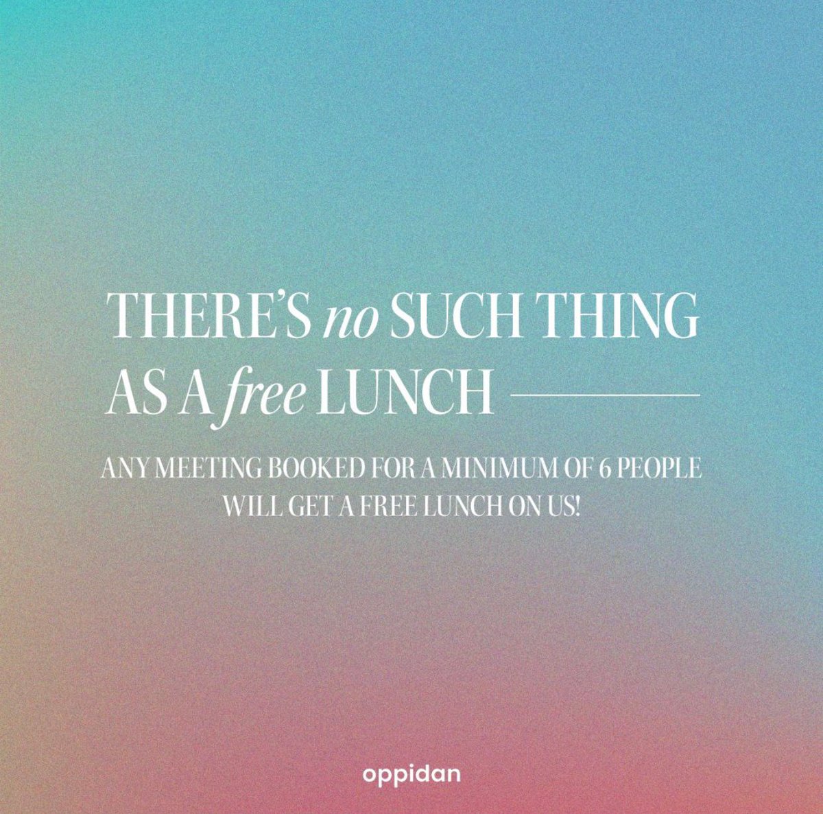 Spring has sprung, and we have a new meeting room offer.

Any meeting booked for a minimum of 6 people will get a FREE LUNCH!

A minimum half day booking (4 hours) required. 

Email rachael.mcvey@oppidan-social.com for more information and to book.