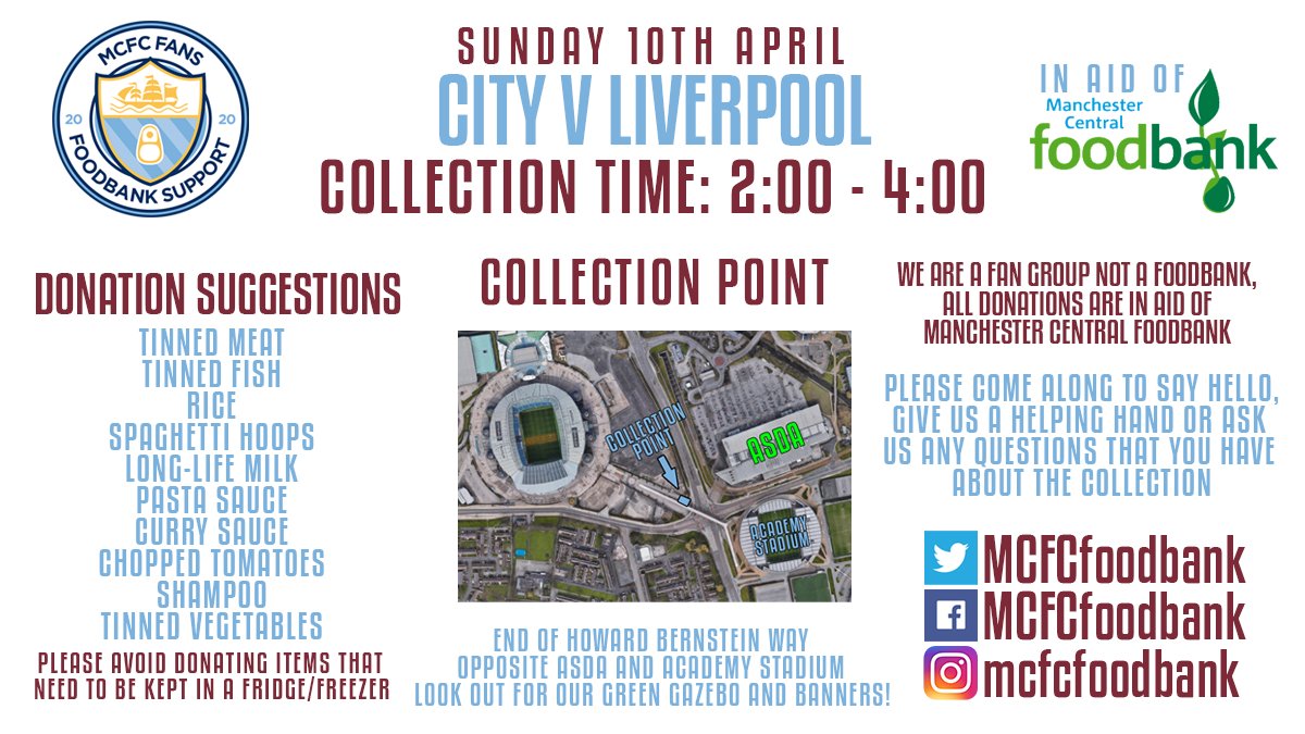 MCFCfoodbank's tweet photo. While you're here... we'll be back on Sunday before the Liverpool game, collecting all non-perishable food donations in aid of @McrFoodbank. Come and stop by if you're off to the game! #mcfc #lfc #MCILIV @IlkayGuendogan @Laporte https://t.co/6GyXc1MSA8