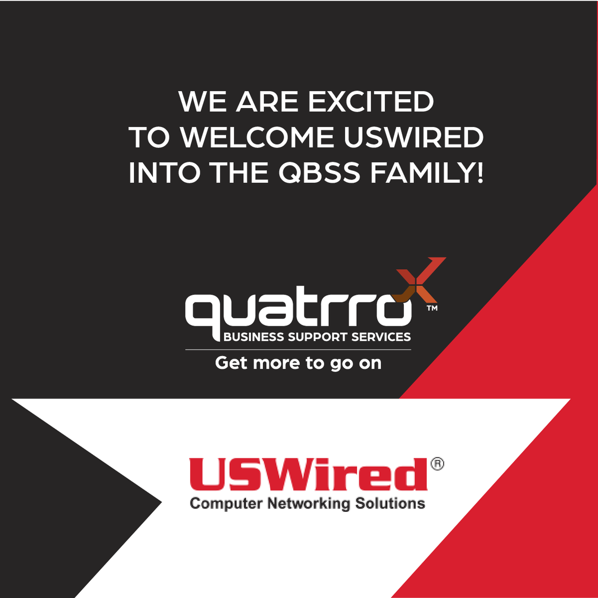 Quatrro_QBSS's tweet photo. We are thrilled to welcome #USWired into the QBSS family! We are confident this acquisition will strengthen and expand our portfolio of services and increase our presence in the Technology as a Service (TaaS) market. https://t.co/xkXuVKPnC0