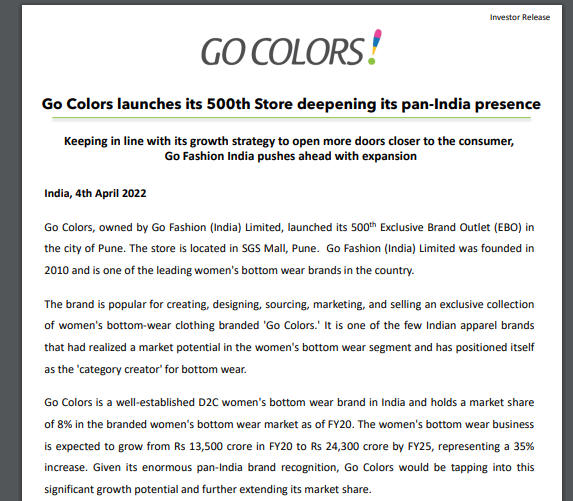 MindBulls's tweet photo. Go Colors launches its 500th Store deepening its pan-India presence

#gocolor #sharemarket #StockMarketindia #Nifty #nifty50 https://t.co/AyrA21OZam