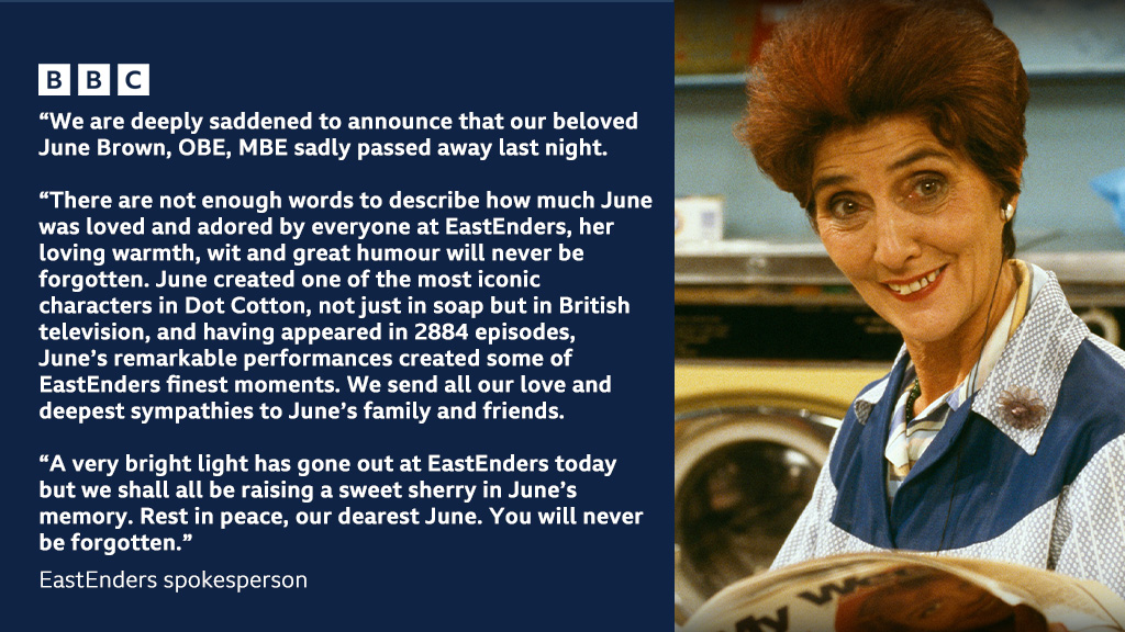EastEndersPress's tweet photo. June Brown, OBE, MBE
1927-2022 https://t.co/snWY1ylnAh