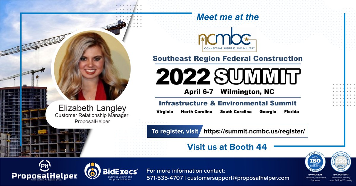 ProposalHelper_'s tweet image. Meet Elizabeth Langley from ProposalHelper and BidExecs at Southeast Regional Federal Construction, Infrastructure &amp;amp; Environment Summit on April 6-7, 2022). Don&apos;t miss out to meet us, we are at Booth 44 summit.ncmbc.us

#proposalHelper #bidexecs #NCMBC #contruction