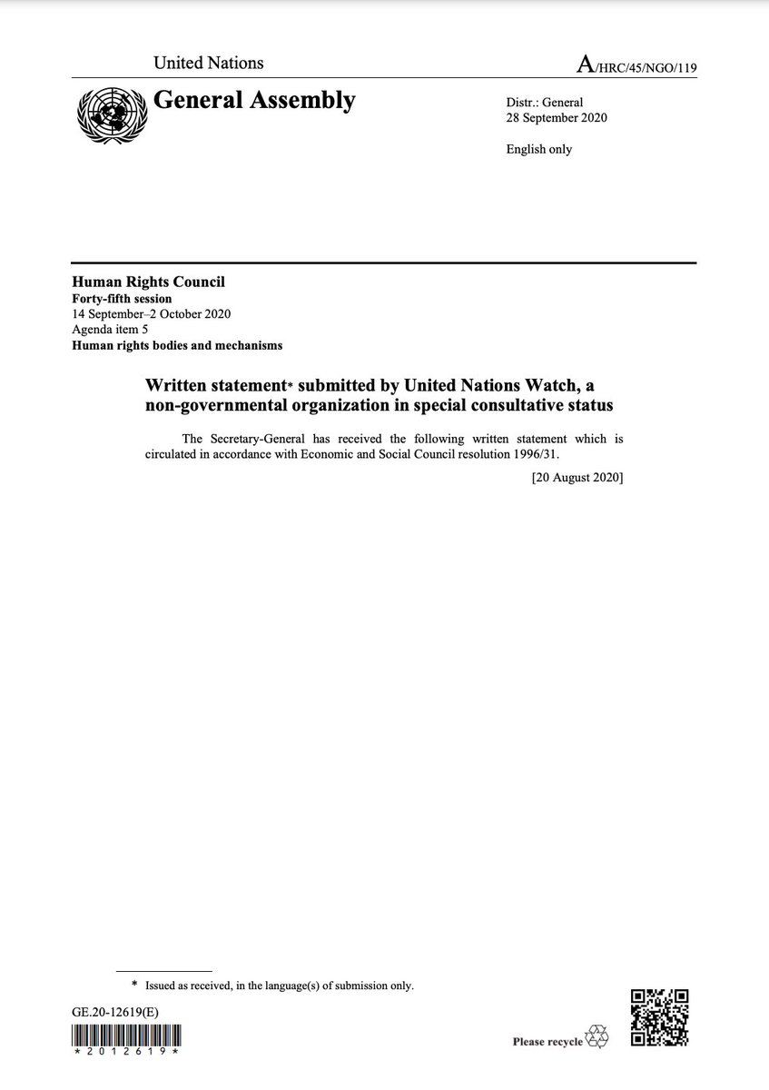 2/ Our objections to electing  #Russia to the  #UN Human Rights Council were published as official documents by the United Nations and circulated to diplomats. http://undocs.org/A/HRC/45/NGO/119