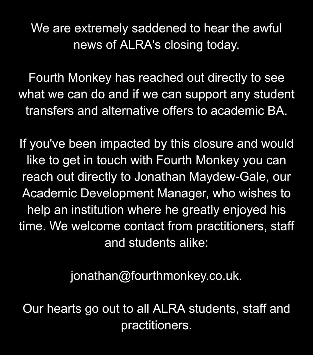 Our hearts go out to all ALRA students, staff and practitioners.