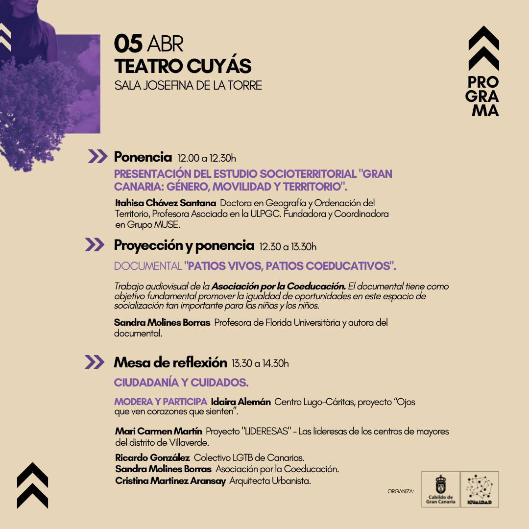 Aún estás a tiempo de acompañarnos en "La Isla de los Cuidados". Este año reflexionaremos sobre el espacio público con perspectiva de género. 

◾Teatro Cuyás de 9:00 a 14:00 horas.

Inscríbete ya, a través del siguiente enlace: bit.ly/35G2pvK

#isladeloscuidados