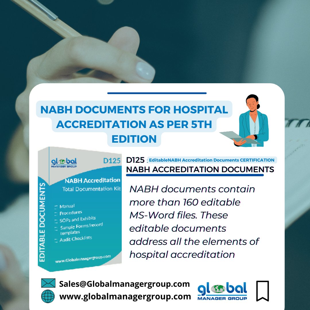 NABH DOCUMENTS FOR HOSPITAL ACCREDITATION AS PER 5TH EDITION

Find out more:-
globalmanagergroup.com/Products/hospi…

#nabh #nabhaccredited #nabhhospital #nabhcertification #NABHaccreditation