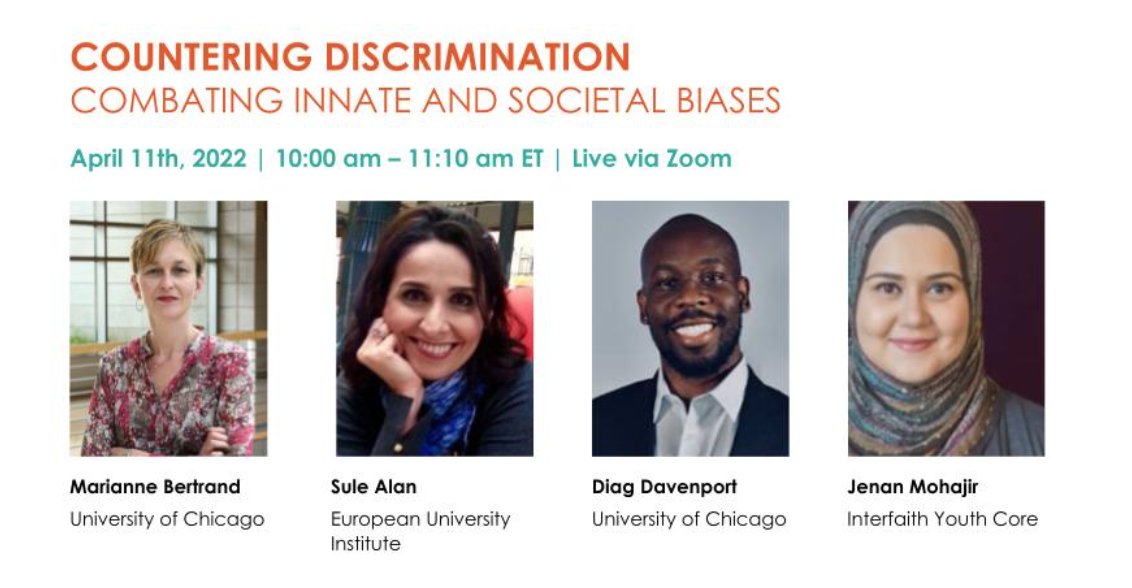 JPAL's tweet photo. How can research insights be applied to programs seeking to reduce bias and discrimination? Join us on April 11 at 10am ET for a discussion with @sulealan_econ @JenanMohajir #MarianneBertrand, #DiagDavenport
Register here: 
https://t.co/egq7YpfzLo https://t.co/p0YY9llPH6