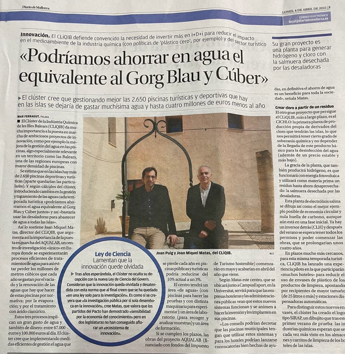 clusterquimic's tweet photo. Hoy salimos en el @diariodemallorca hablando de #innovación, gestión de aguas recreativas y nuestros próximos proyectos de #sostenibilidad. Gracias @FerragutMar por venir a charlar con nosotros a @clusterquimic @parcbit #CliQIB https://t.co/Wuwr7DKay0