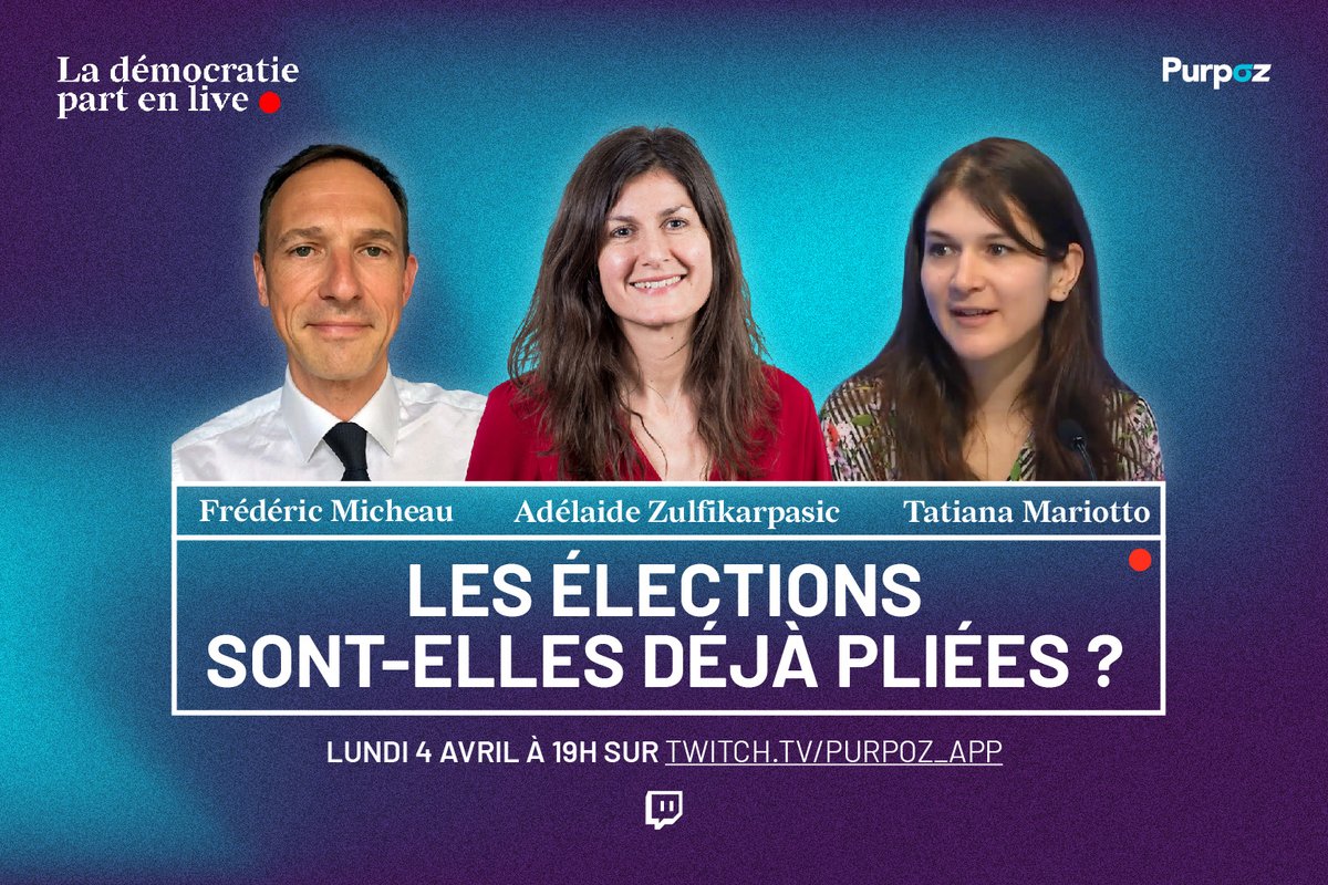 Purpoz_appli's tweet photo. Ce soir, la démocratie part en live 🔴avec @FMicheau, @AZulfikarpasic et @MariottoTatian1 !
RDV à 19h00 sur https://t.co/FAJzBN589e
#presidentielles2022 #LDPL https://t.co/uxGyZ5dzfR