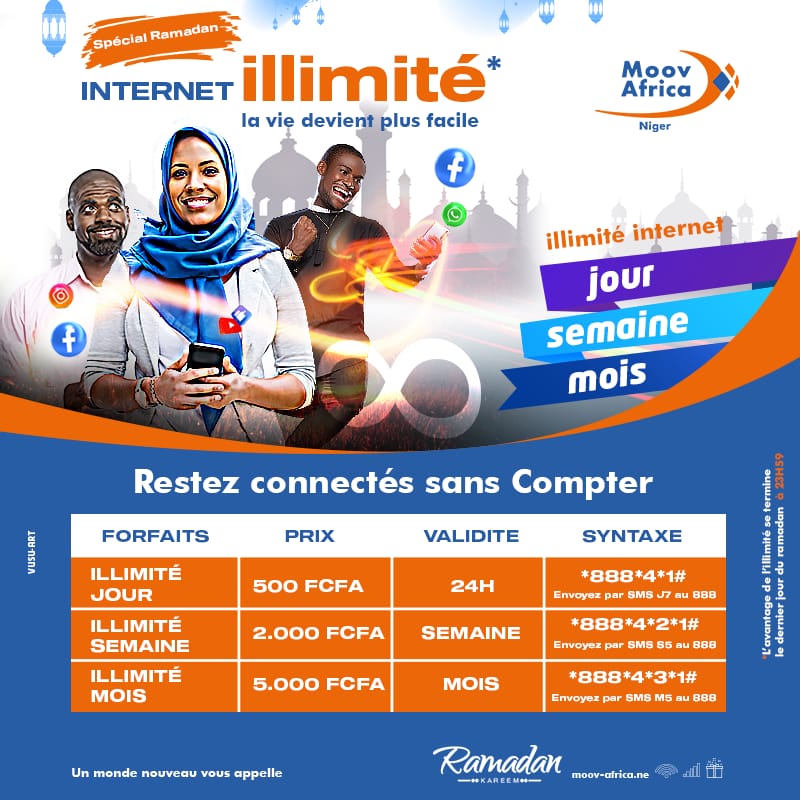 MoovAfricaNiger's tweet photo. ♾#INTERNET_ILLIMITÉ 🔥
🌛 #SPECIAL_RAMADAN 🌛
Famille Moov, naviguez en illimité pendant le mois de ramadan avec les forfaits Jour à 500F, Semaine à 2000F et Mois à 5000F 😱
Tapez *888# et choisissez votre forfait en illimité et en toute tranquillité!
#LeRéseauDeLaGénérosité ♾ https://t.co/HPAdSYlWSp