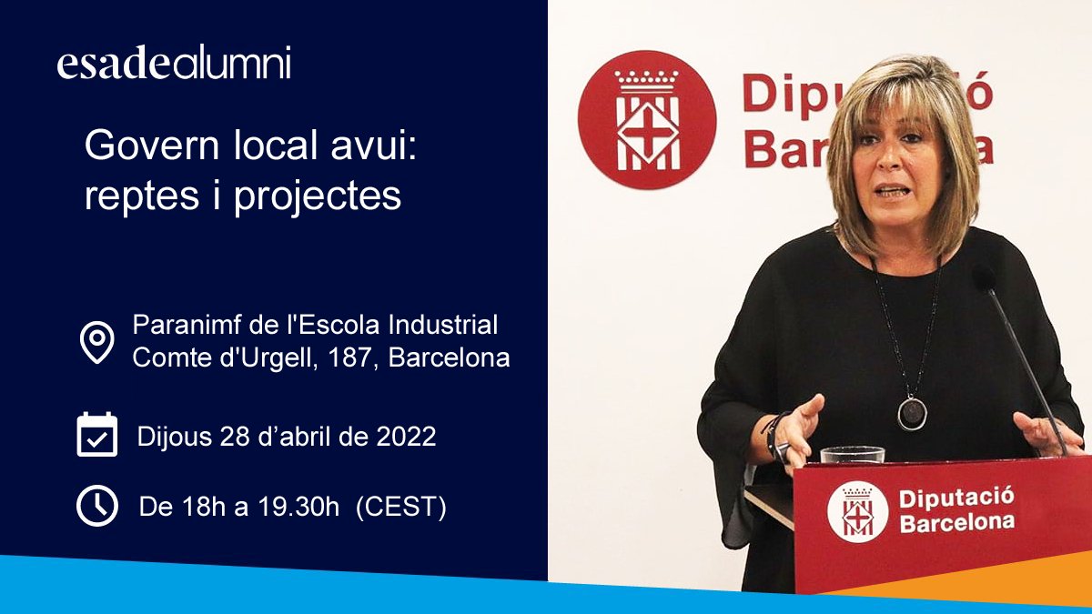 El Club de Direcció Pública Esade Alumni us convida a aquest col·loqui amb la Il·lma. Sra. Núria Marín, presidenta de la Diputació de Barcelona.
👉Detalls i inscripció (botó blau "Register") a: connect.esadealumni.net/s/lt-event?lan…