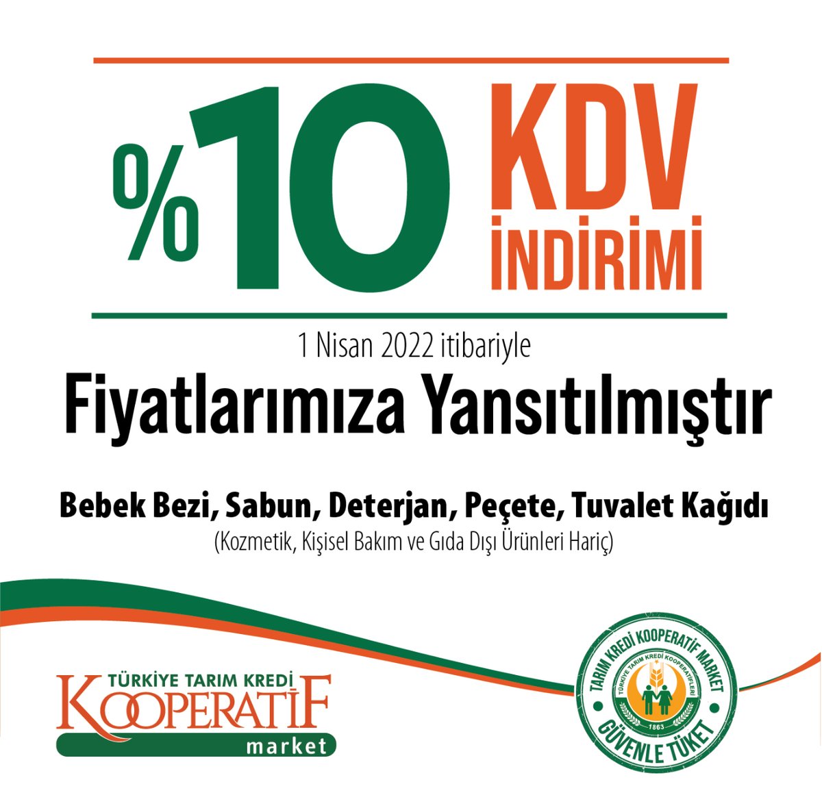 koop_market's tweet photo. 29 Mart 2022 tarihli resmi gazetede yayınlanan kararda belirtilen temizlik ürünlerinde %10 KDV indirimi 01 Nisan 2022 itibari ile fiyatlarımıza yansıtılmıştır. https://t.co/8mHhpduRFv