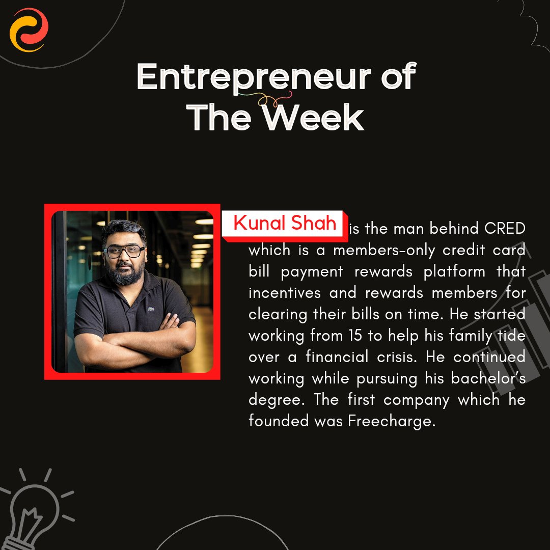 ecell_gecrewa's tweet photo. *Caption*
From selling Mehendi Cones and Pirated CDs to support his family at the age of 16 to building CRED, there's no doubt Kunal Shah is one of the finest entrepreneurs in the Indian Start-up Eco-System. 
@kunalb11 
@cred 
#EOTW  #catalystecell #ecellrewa #kunalshah #credceo https://t.co/bgGCbUD6Wz