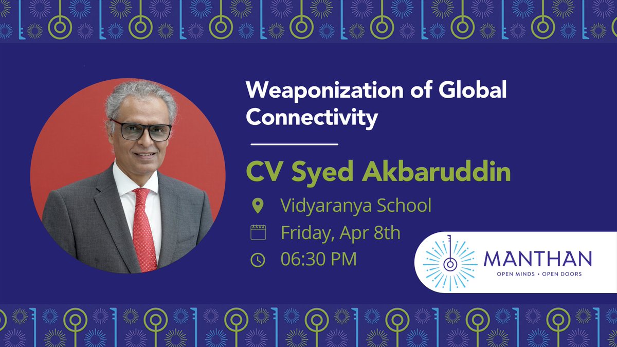 Manthan_India's tweet photo. Tune in to a Live Session #08April2022 @ 06:30 PM IST #manthan with @AkbaruddinIndia  on “The Weaponization of Global Connectivity”, exclusively on Manthan, at Vidyaranya High School! @KautilyaSPP 
#socialmedia #pegasus #globalconnectivity https://t.co/o8A818e8iZ