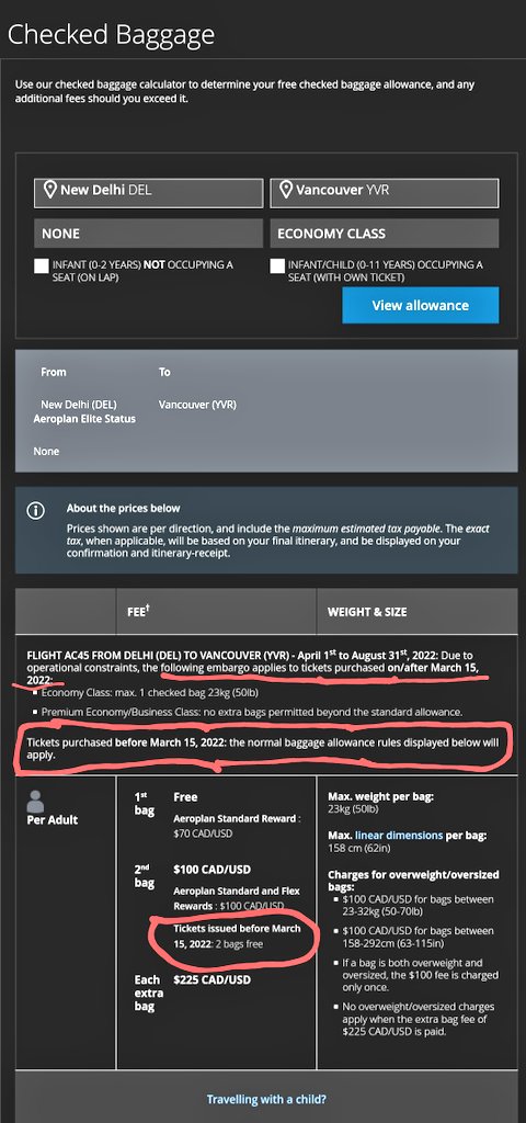 Akashde99562675's tweet photo. @AirCanada I booked my flight on 21 Jan 2022 (i.e before 15 march 2022) for 19 April 2022 for air canada direct New delhi to Vancouver AC045(or AC45) . Am i eligible to take 2 check-in bags of 23 kg with me? As it is mentioned Air Canada's website under Checked baggage section. https://t.co/vN3CfCYq4h
