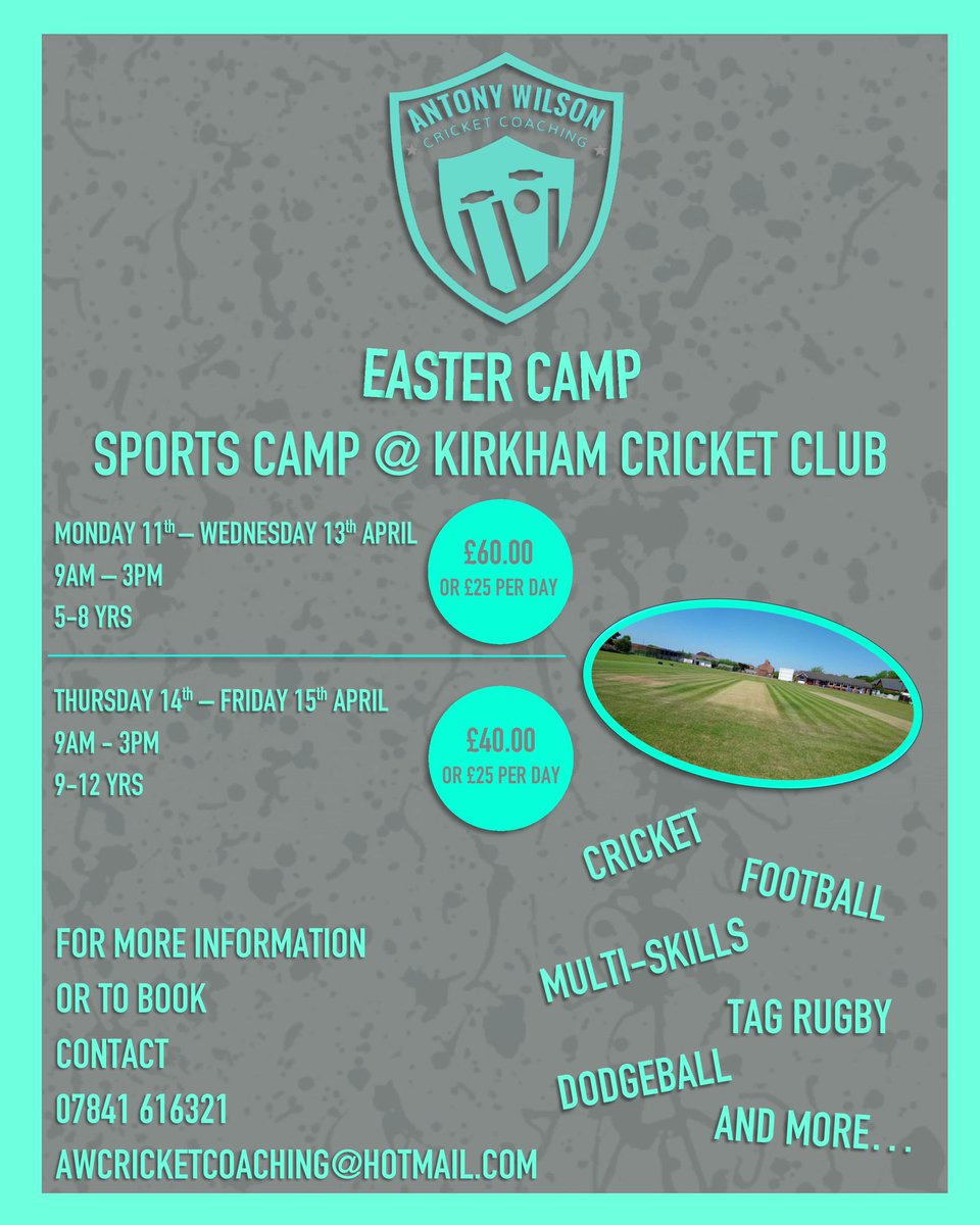 AntonyCoaching's tweet photo. 🚨STILL PLACES AVAILABLE🚨

One week to go until our camp at Kirkham Cricket Club, don’t miss out.🏏

🗓Mon 11th - Wed 13th April
👨‍👧‍👦5-8 Yrs

🗓Thur 14th - Fri 15th April
👨‍👧‍👦 9-12 Yrs

📧awcricketcoaching@hotmail.com 
📱07841 616321

#antonywilsoncricketcoaching #kirkham #sport https://t.co/Mak1k1qzrt