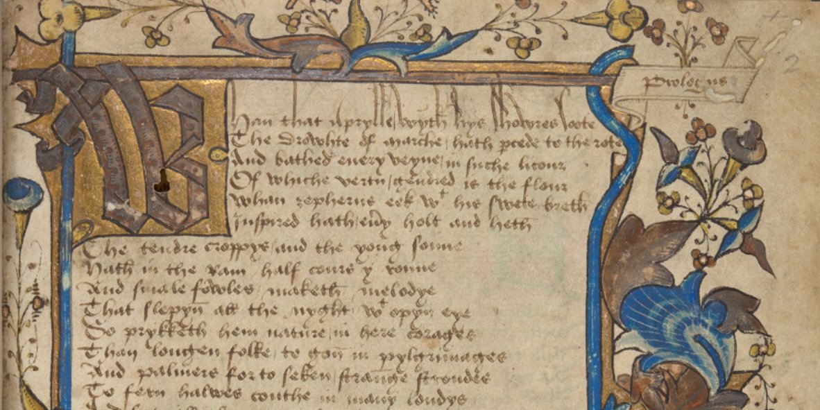 britishlibrary's tweet photo. "Whan that Aprill with his shoures soote
The droghte of March hath perced to the roote..."

(When April with its sweet showers
has pierced the drought of March to the root...)

📜Chaucer's Canterbury Tales prologue
🔖Add MS 5140, f.2r
🔗https://t.co/SworHsLggk

#ManuscriptMonday https://t.co/akj8cjZz7c