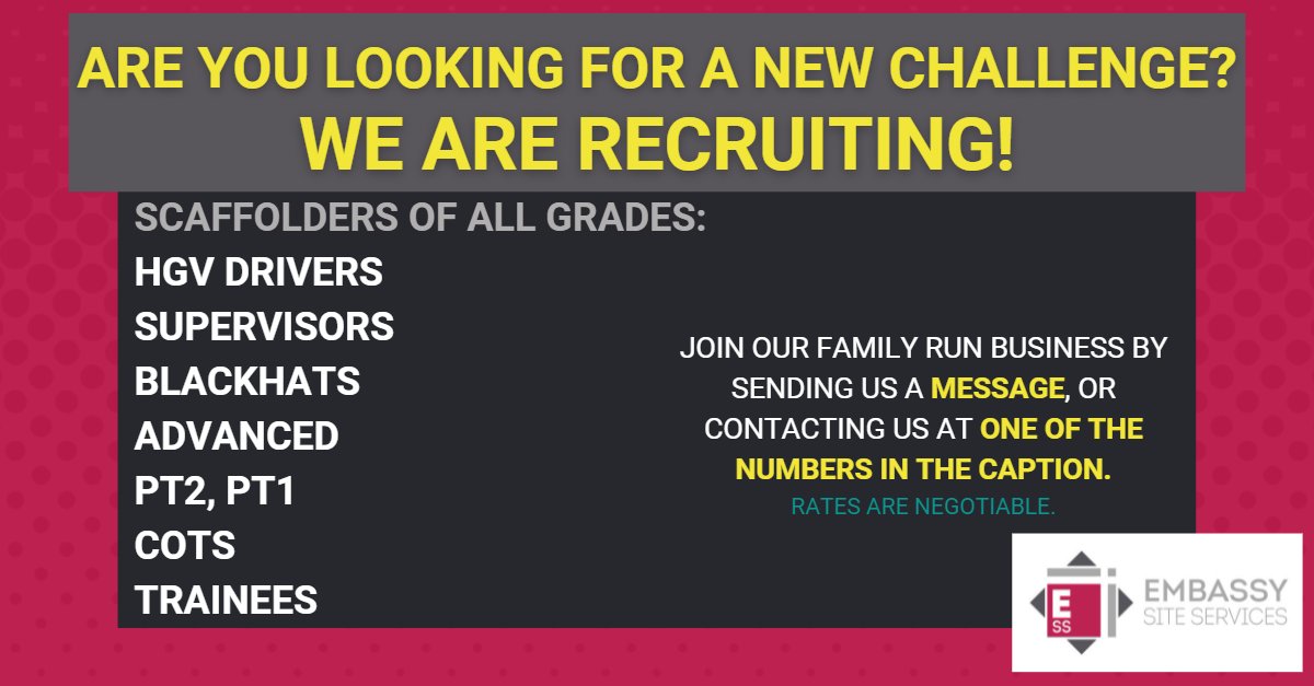 EmbassySS's tweet photo. ARE YOU LOOKING FOR A #NEWCHALLENGE?
WE ARE #RECRUITING!
We are looking for scaffolders of all grades.
We host in-house #training for all of our employees
See the below visuals for more information
#constructionjobs #hgvdriver #constructionwork #scaffoldjob #scaffoldingwork https://t.co/4sW5IA7M6H