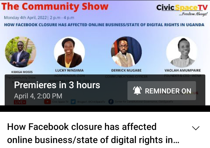 ZionWanyama's tweet photo. Our Reminder is set already, how about yours? π
Live on https://t.co/jxLHuW8km8
#CommunityShowUG
#CivicSpaceTv https://t.co/FgcZqzdkKA