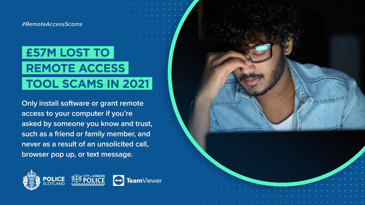 ⚠️ In 2021, over £57M was lost to scams that involved criminals remotely connecting to a victim's computer.

✅ Never allow remote access to your computer following an unsolicited call, text message or browser pop-up. It’s probably a scam.

#RemoteAccessScams