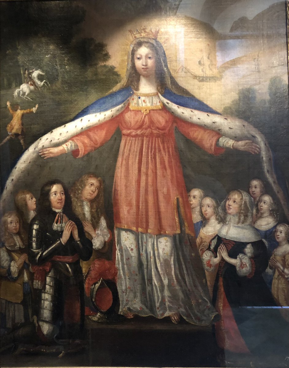 AnnaLandmark's tweet photo. The Virgin Mary sheltering the Bedingfeld family, Norfolk royalists, during the civil war. Painted shortly after the battle of Marston Moor, 1644. Fascinating image / allegory of an English Catholic family during the Interregnum. #restlessrepublic #oxburghhall #civilwar https://t.co/Xb74k4tvnX