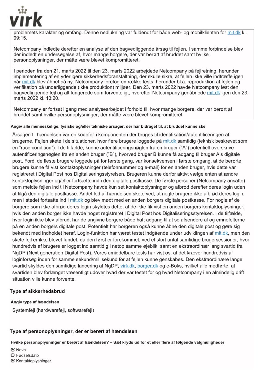 DRMoltke's tweet photo. Jeg har fået aktindsigt i hvordan det dog kunne lade sig gøre at en (tilsyneladende mindre gruppe) brugere på https://t.co/ewlAss5XAl kunne læse hinandens digitale post pga en kodefejl. Her er det centrale uddrag. Fejlen skulle være rettet. https://t.co/hntInxTSJf
